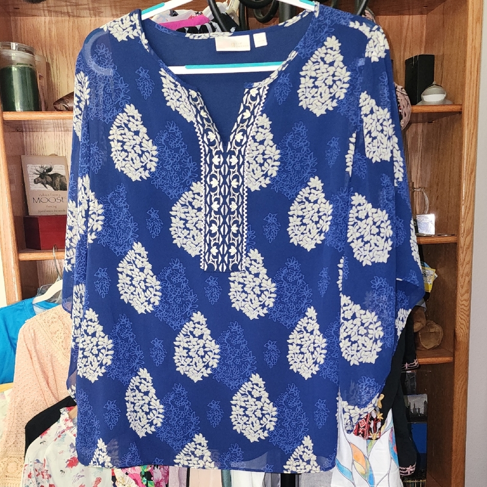 Belle Kim Gravel Blues Yellow WhitePatterned Blouse Kimono Boho Tunic Top Lined